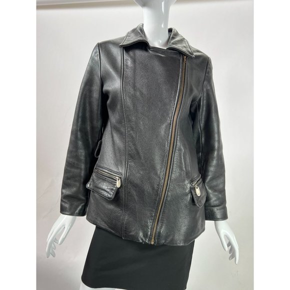 Vintage Guess Leather Jacket sz S Black Motorcycle Asymmetrical Zip Pockets Line - Picture 15 of 16
